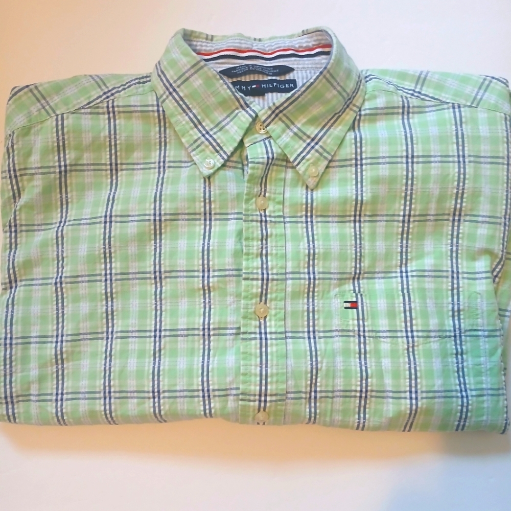 Men's TOMMY HILFIGER size L multi color green long sleeve button up plaid